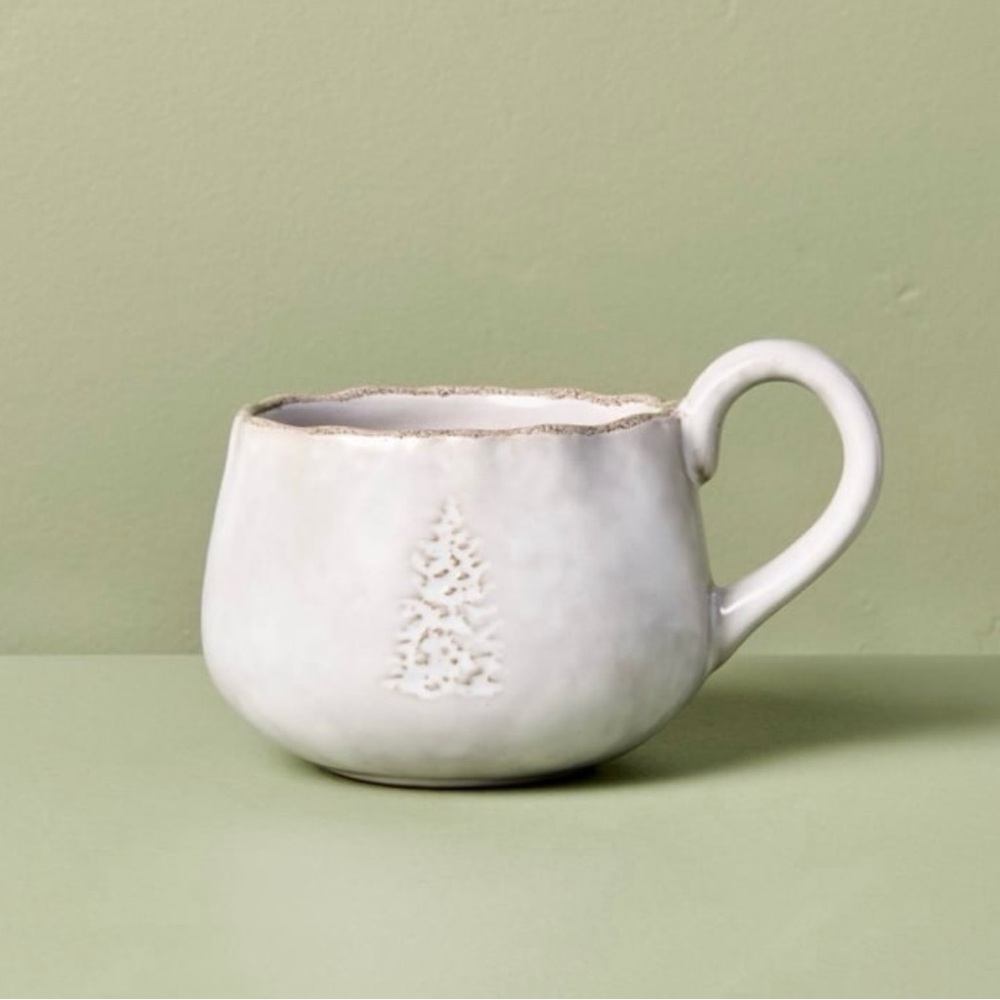 13.5oz Stoneware Debossed Tree Holiday Mug Sour Cream - Hearth & Hand